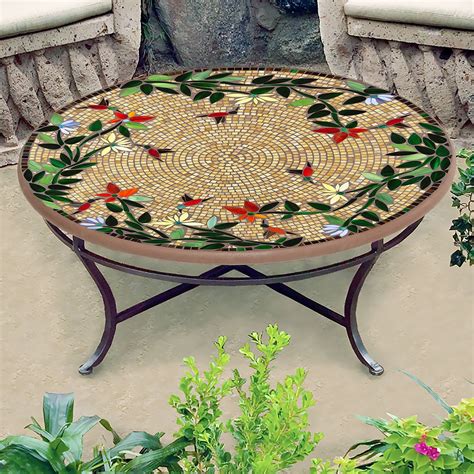 Caramel Hummingbird Mosaic Coffee Table Round Neille Olson Iron