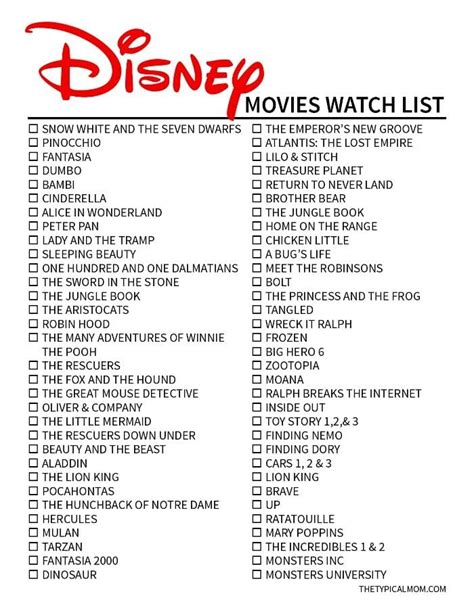 printable list of all disney movies