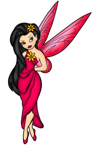 A Cartoon Fairy With Long Black Hair And Pink Dress Holding A Flower In
