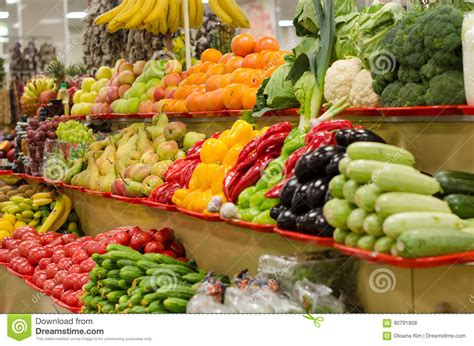 Fruit Market With Various Colorful Fresh Fruits And Vegetables Stock