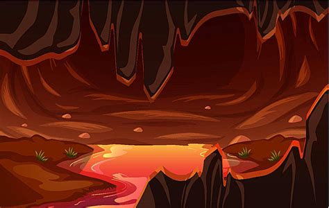 Infernal Dark Cave With Lava Scene Outdoor Eruption Scene Vector
