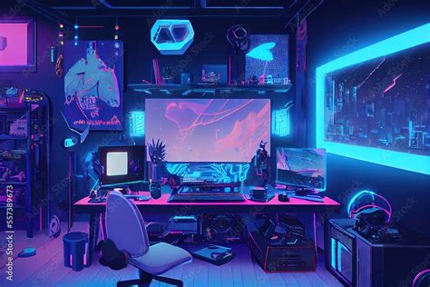 Modern Video Game Streamer Room Colorful Blue And Pink Neon Colored