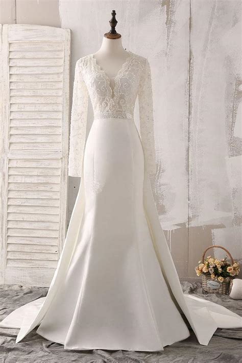 Ivory Lace And Satin V Neck Long Sleeve Beaded Wedding Dress M1972 On