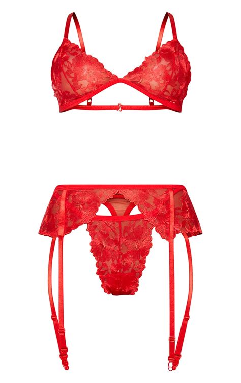 Red Floral Embroidered Lace 3 Piece Lingerie Set Prettylittlething Ie