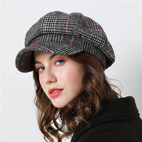 women baseball cap for winter female cotton hats plaid vintage fashion octagonal casual boina