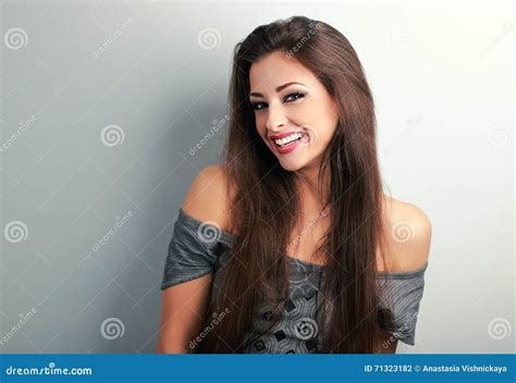 Happy Beautiful Brunette Woman With Long Hair Looking With Tooth Stock