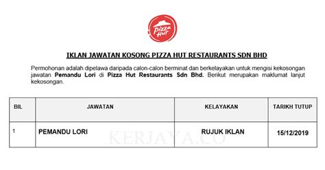 Penghantar proses (30 kekosongan) tarikh tutup permohonan : Permohonan Jawatan Kosong Pizza Hut Restaurants ~ Pemandu ...