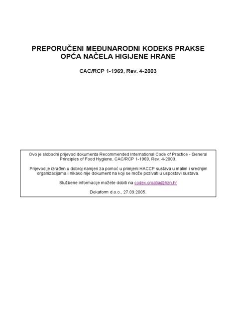 Codice internazionale raccomandato di pratiche generali e principi di igiene alimentare. Codex Alimentarius Haccp