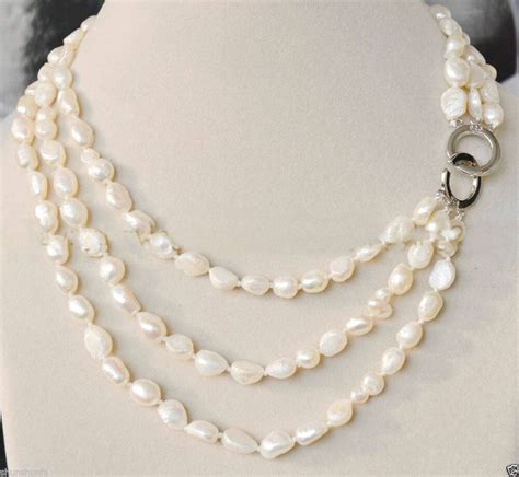 New 3 Rows 7 8mm Real Baroque White Freshwater Pearl Jewelry Necklace