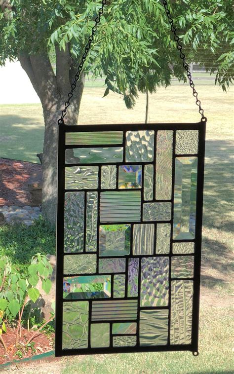 Geometric Stained Glass Panel Clear Glass Window Hanging Etsy