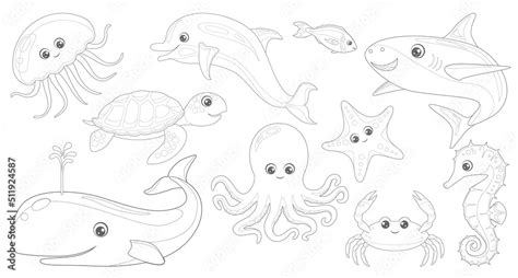 Outlined Cartoon Sea Animals Set For Drawing Coloring Page Of Funny