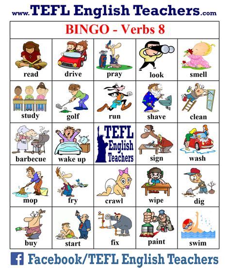 Tefl English Teachers Bingo Verbs Game Board 8 Of 20 Loteria En