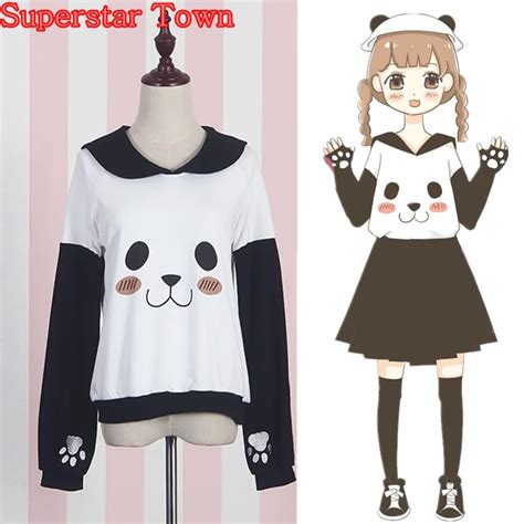 Panda Female Sweatshirts Sailor Collar Anime Hoodie Harajuku Panda Face