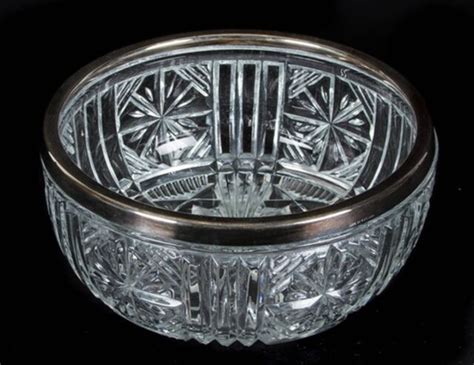 Heavy Clear Pressed Glass Lead Crystal Serving Bowl W Silver Plate Rim