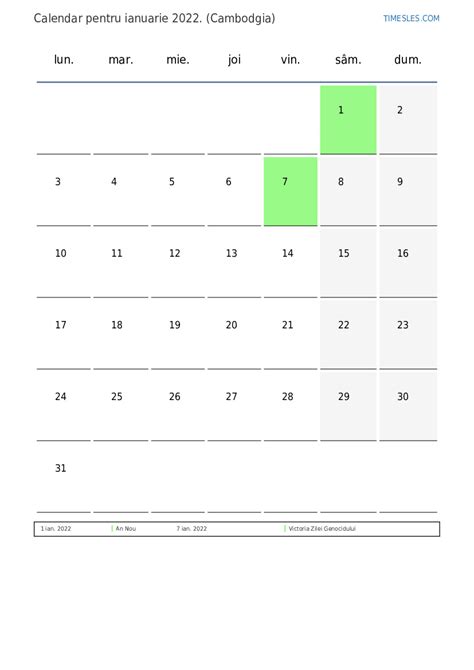 Calendar Ianuarie 2022 Cu Sărbători în Cambodgia Imprimați și