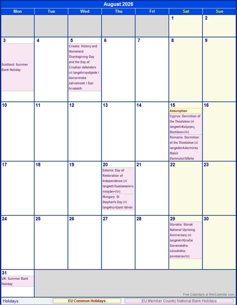 August 2026 Eu Calendar With Holidays For Printing Image Format
