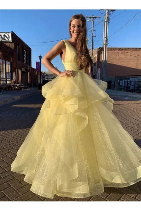 Long Yellow Tulle V Neck Prom Dresses Formal Evening Gowns 6011189