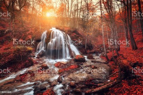 Waterfall Colorful Landscape With Beautiful Waterfall At Mountain River