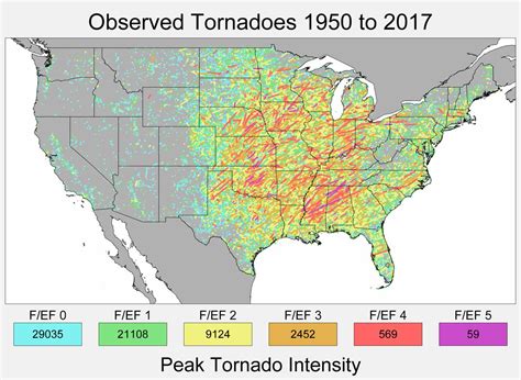 Track And Peak Intensity Of Us Tornadoes 1950 2017 Vivid Maps