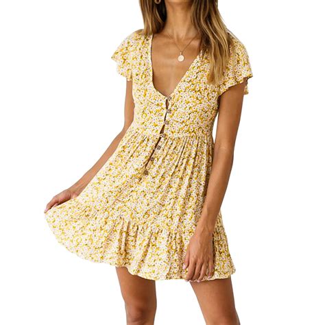 Summer Polka Boho Beach Dress Short Sundress Vestidos Women Deep V Neck Floral Print Low Cut