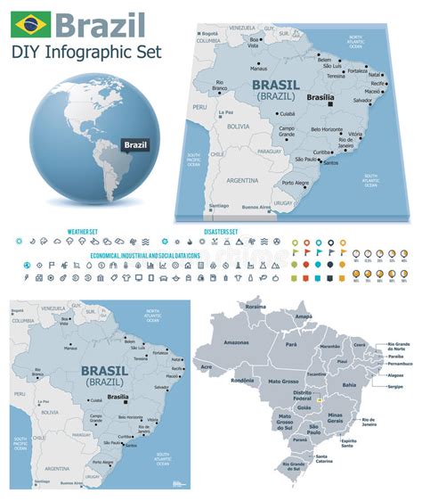 Cartes De La République Fédérative Du Brésil Avec Des Marqueurs