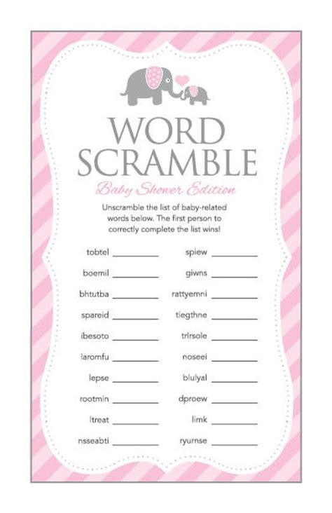 Baby shower decorations (free printables) sock rose bouquets and more! Instant Download Pink Elephant Word Scramble Baby Shower ...