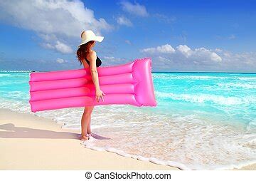 Beach woman floating lounge pink tropical caribbean. Beach hat stand ...