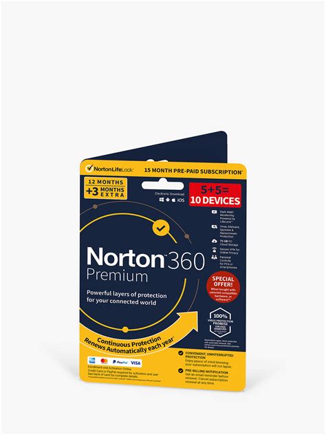 Norton security premium secures up to 10 devices — and includes cloud pc storage and. Norton 360 Premium, 15 Months Pre-Paid Subscription for 5 Devices and 5 Users at John Lewis ...
