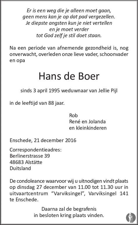 Yvon jaspers is geshockt en laat weten: Hans de Boer 21-12-2016 overlijdensbericht en condoleances ...