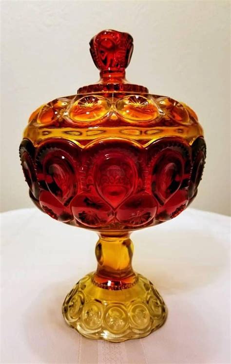 Vintage L E Smith Large Amberina Glass Moon And Stars Lidded Etsy Carnival Glass Vintage