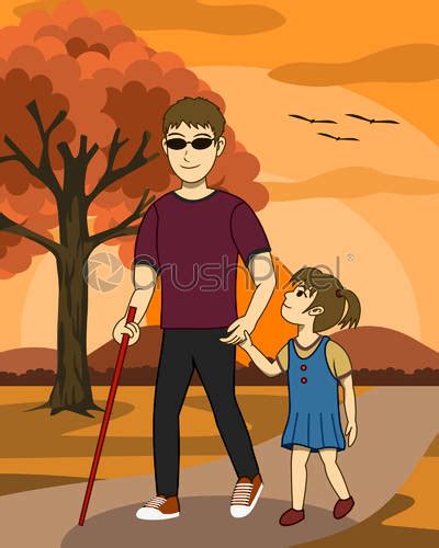 Vector Illustration Of Blind Man And His Daughter Are Walking Stock