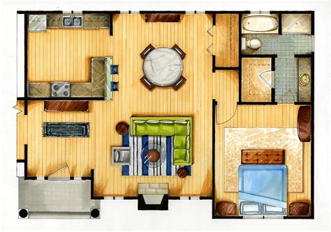 Marker And Colored Pencil Drawing Apartment Floor Plan On
