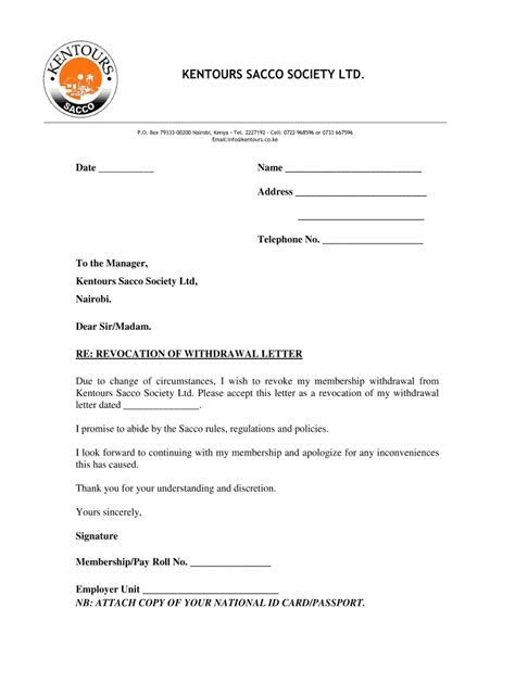 Withdrawal Letter From A Sacco Form Fill Out And Sign Printable Pdf