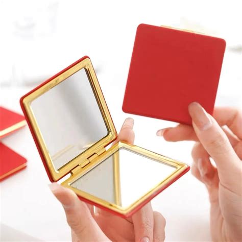 Promotional T Double Sides Custom Portable Folding Metal Red Gold Cosmetic Pocket Mirror