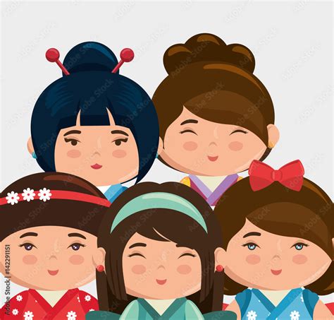 cute japanese girls group kawaii style vector illustration design stock vector adobe stock