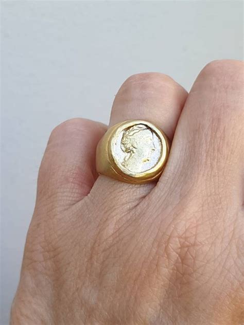 Gold Signet Ring Seal Ring Coin Stamp Ring With An Old Coin Etsy