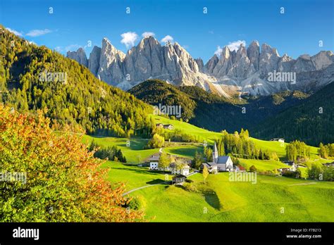 Dolomites Mountains In Autumn Santa Maddalena Village Puez Odle
