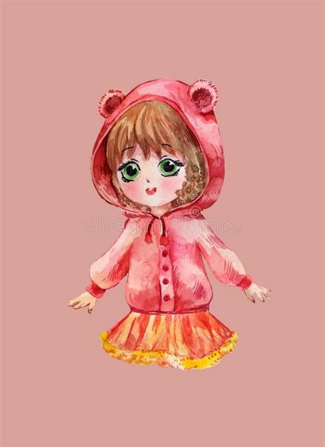 Chibi Girl In Red Hoodie Little Anime Child Stock