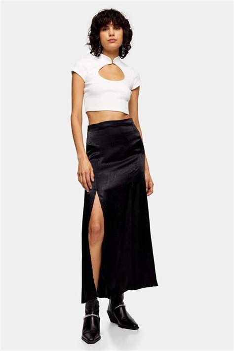 Topshop Tall Black Satin Double Split Midi Skirt Topshop Outfit Midi