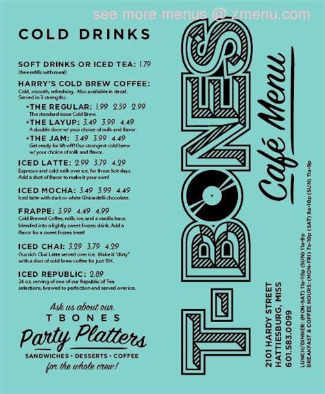 Depot coffee house & bistro. Online Menu of T-Bones Records & Cafe Restaurant, Hattiesburg, Mississippi, 39401 - Zmenu