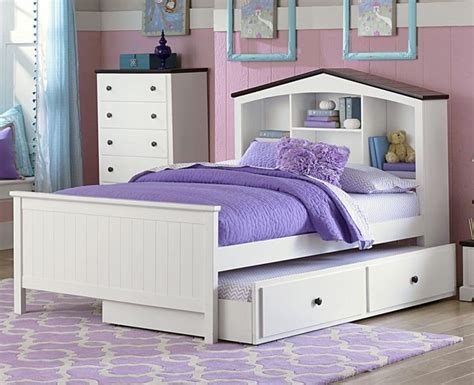 2018f 1 Lark White Wood Kid Full Platform Bed Bookcase Storage Trundle