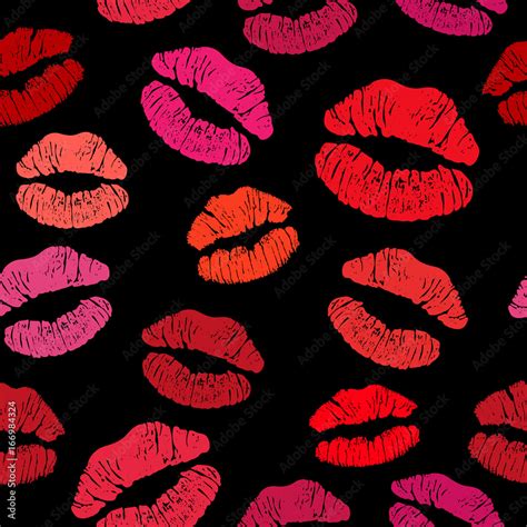 Red Lipstick Kiss Seamless Pattern Female Lips On Black Background