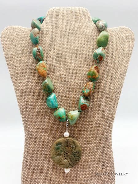 All Natural Turquoise Necklace With Jade Carved Pendant Accentuated W