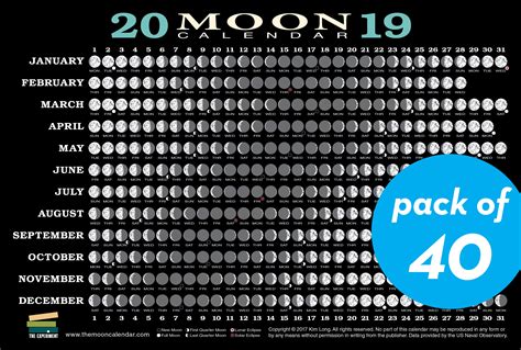 2019 Moon Calendar Card 40 Pack Lunar Phases Eclipses And More