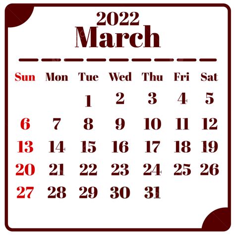 Gambar Kalender Maret 2022 Dengan Bingkai Sederhana Klasik Maret 2022