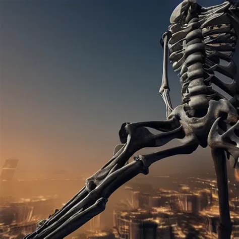 Giant Human Skeleton Climbing A Skyscraper 4 K Stable