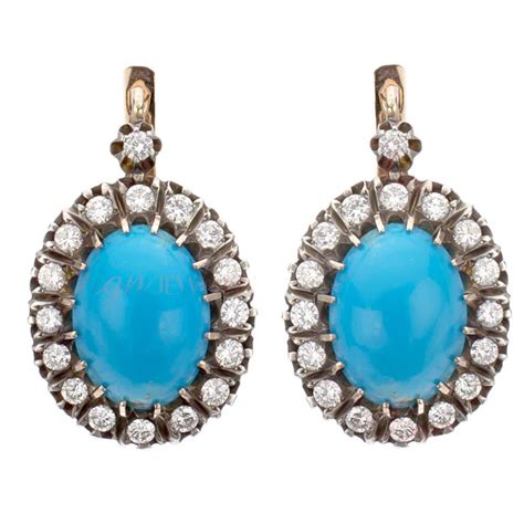 Natural Persian Turquoise Diamond Gold Drop Earrings From A Unique
