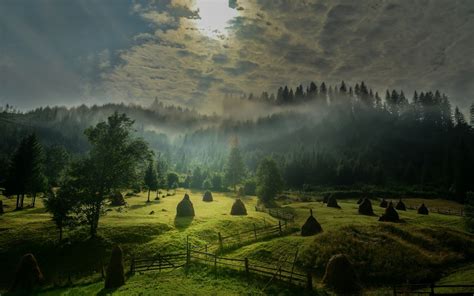 Landscape Nature Morning Sunlight Sky Mist Field Forest Hill Fence