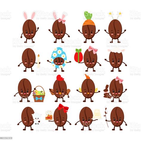Easter Cute Coffee Beans Icon Set Stock Illustration Download Image