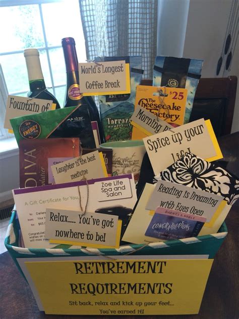 Drawing, painting, ceramics, sculpture, playing the piano or other musical instrument, singing, knitting, crocheting, needlepoint, quilting, scrapbooking, photography, gardening, cooking, woodworking, genealogy, crafting. Cute retirement gift basket | Teacher retirement parties ...